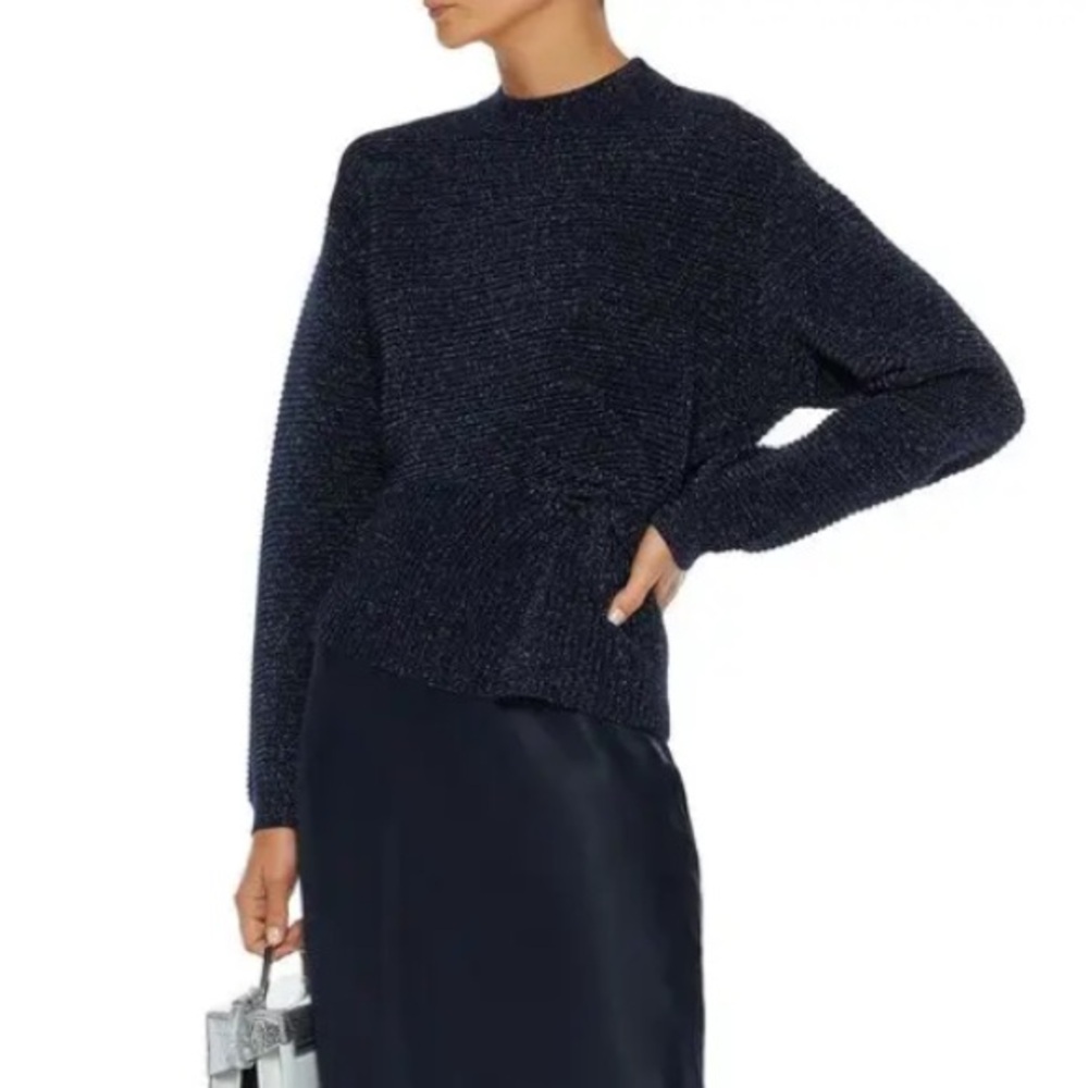 MICHELLE MASON Twist-Front Metallic Ribbed Wool Blend navy blue size m‎ sweater